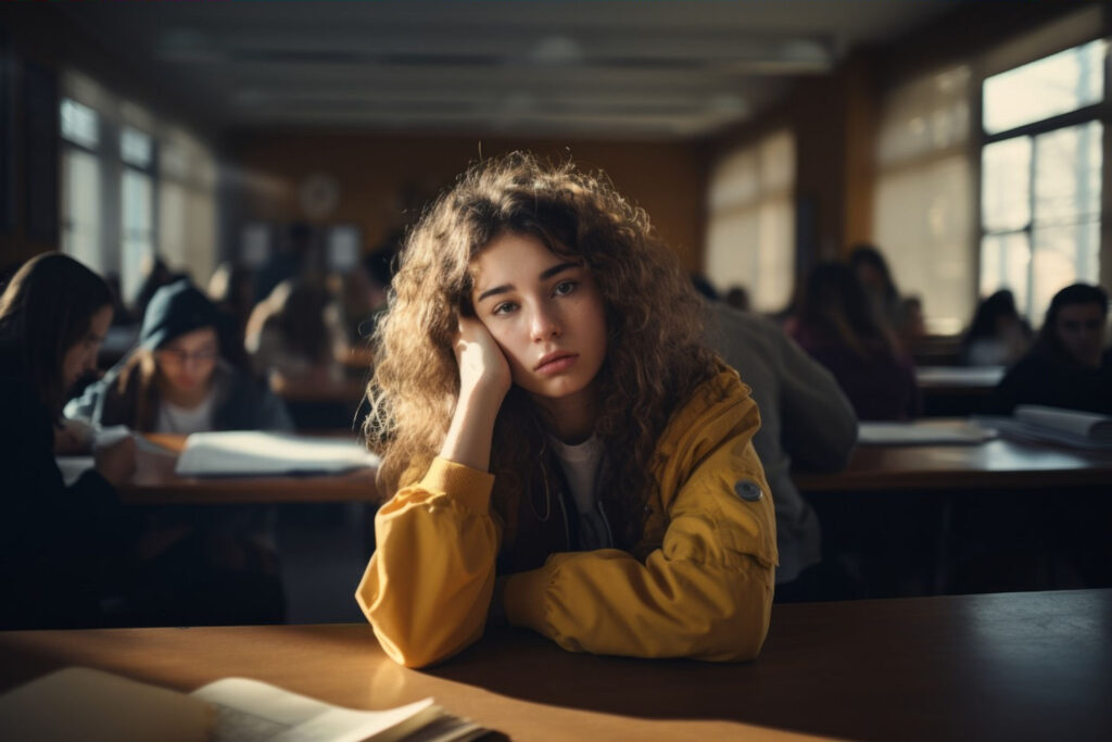 teen girl experiencing academic burnout while in the classroom